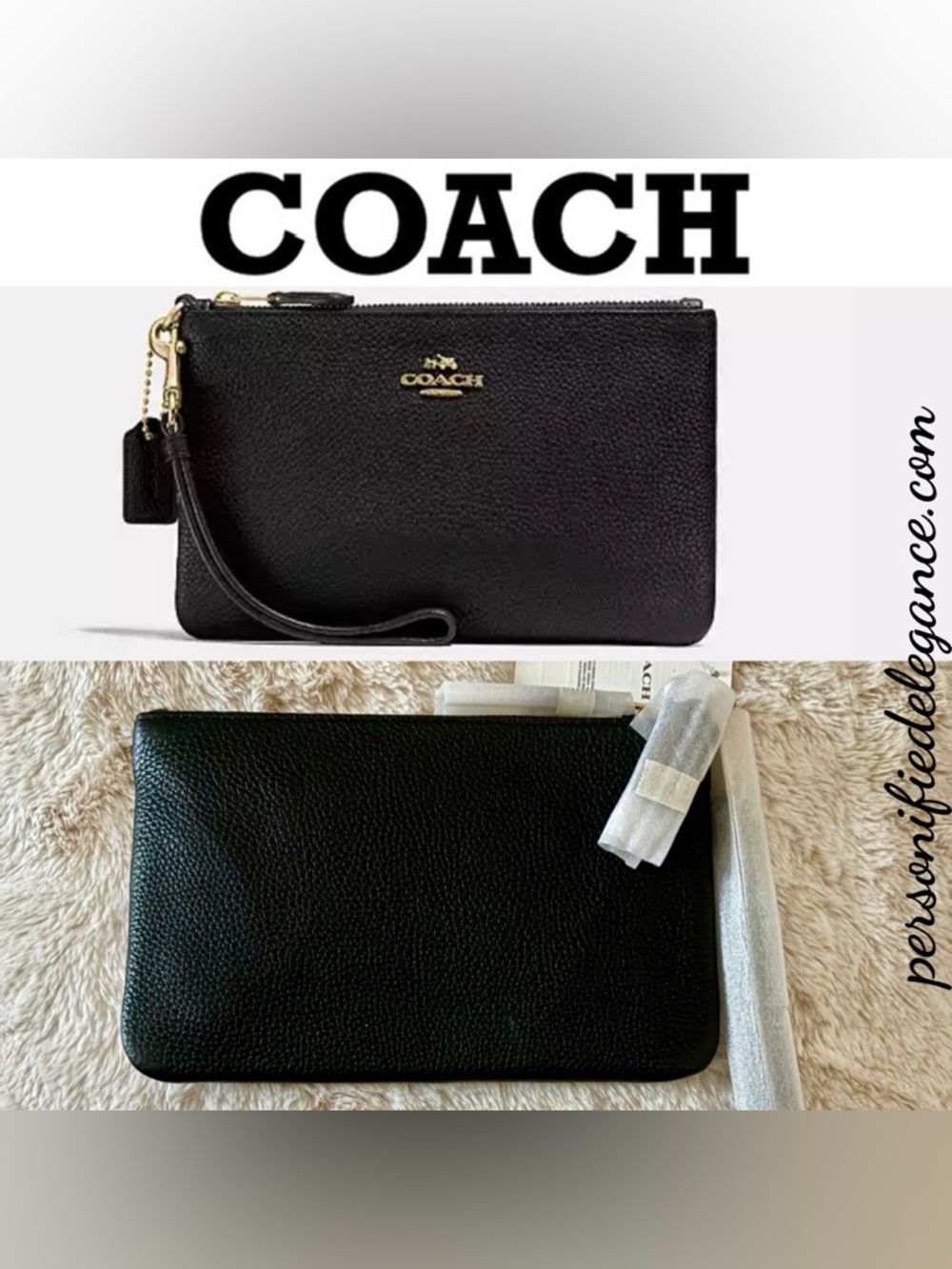 NEW Coach Black Crossgrain Leather Small Zip Top Wristlet Pouch